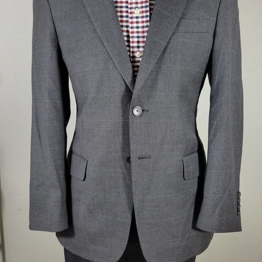 JOS‎ A BANK Model 810 Men's Sport Coat Blazer Two Button Gray Plaid Wool 38R